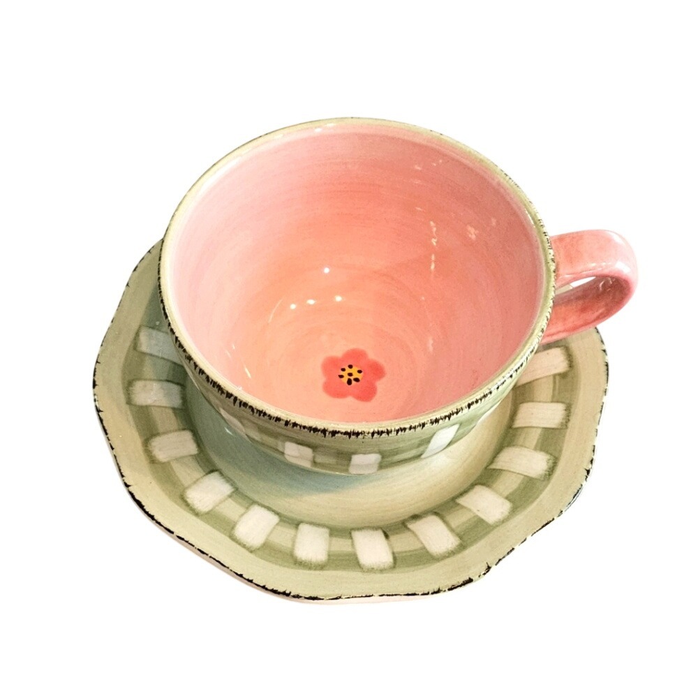 Vintage Wedgewood Franciscan Flora Earthenware Lg Coffee Tea Cup Pink Green 8"